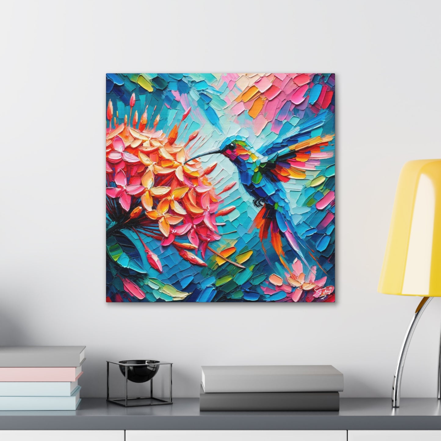 Art Print, Hummingbird on Ixora, Oil Finish, Caribbean Nature, Cultural, Heritage, Semi-Abstract, Canvas Gallery Wrap