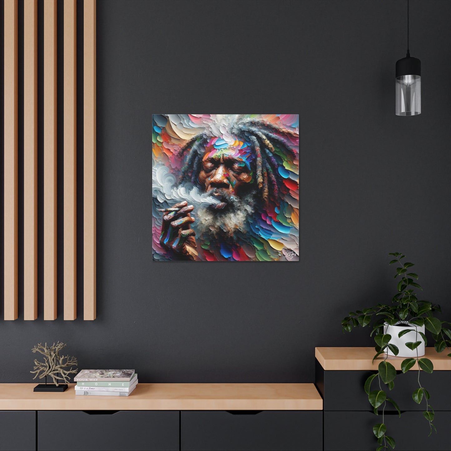 Art Print, "Rastaman Live Up (2)" Oil Finish, West Indian Ethnicity, Cultural, Heritage, Semi-Abstract, Canvas Gallery Wrap