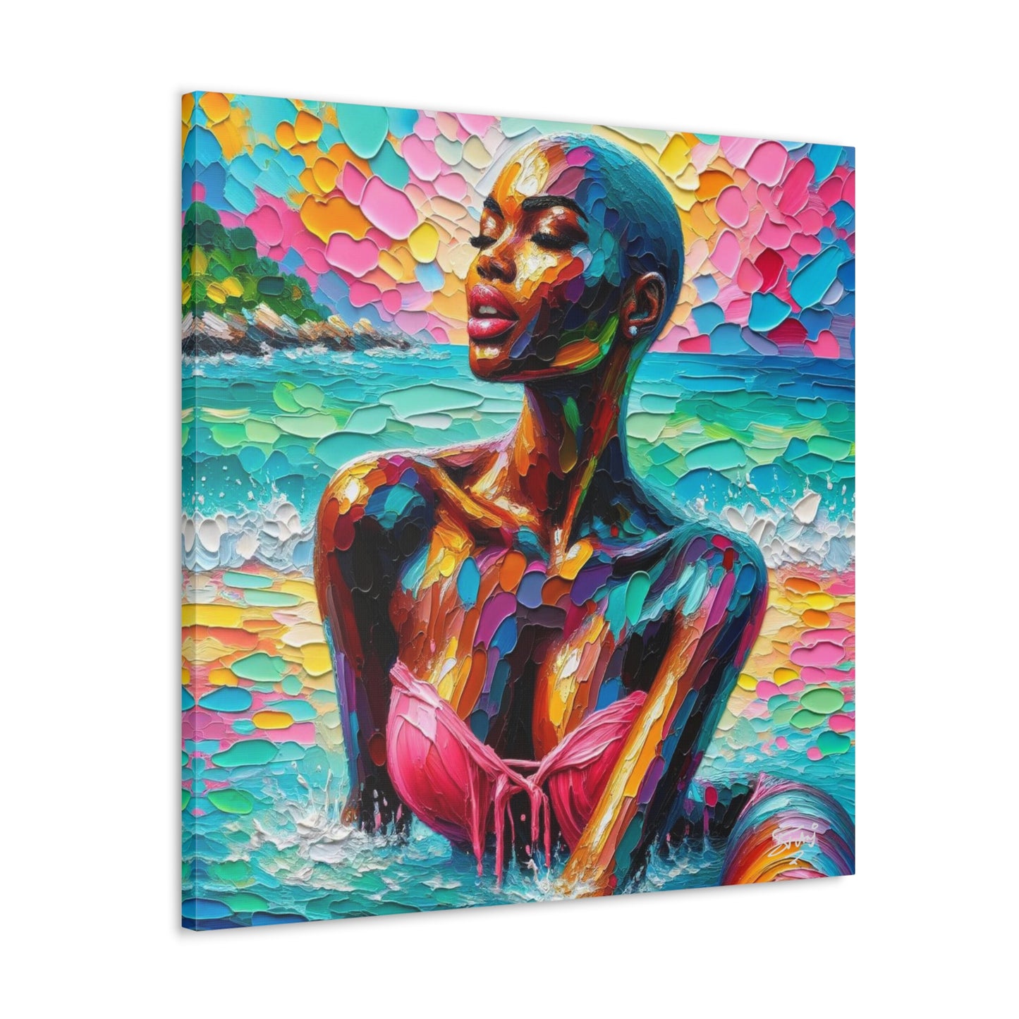 Art Print, Afro-Caribbean Woman, "Sea Bath" Abstract, Oil Finish, West Indian Ethnicity, Cultural, Heritage, Abstract, Canvas Gallery Wrap