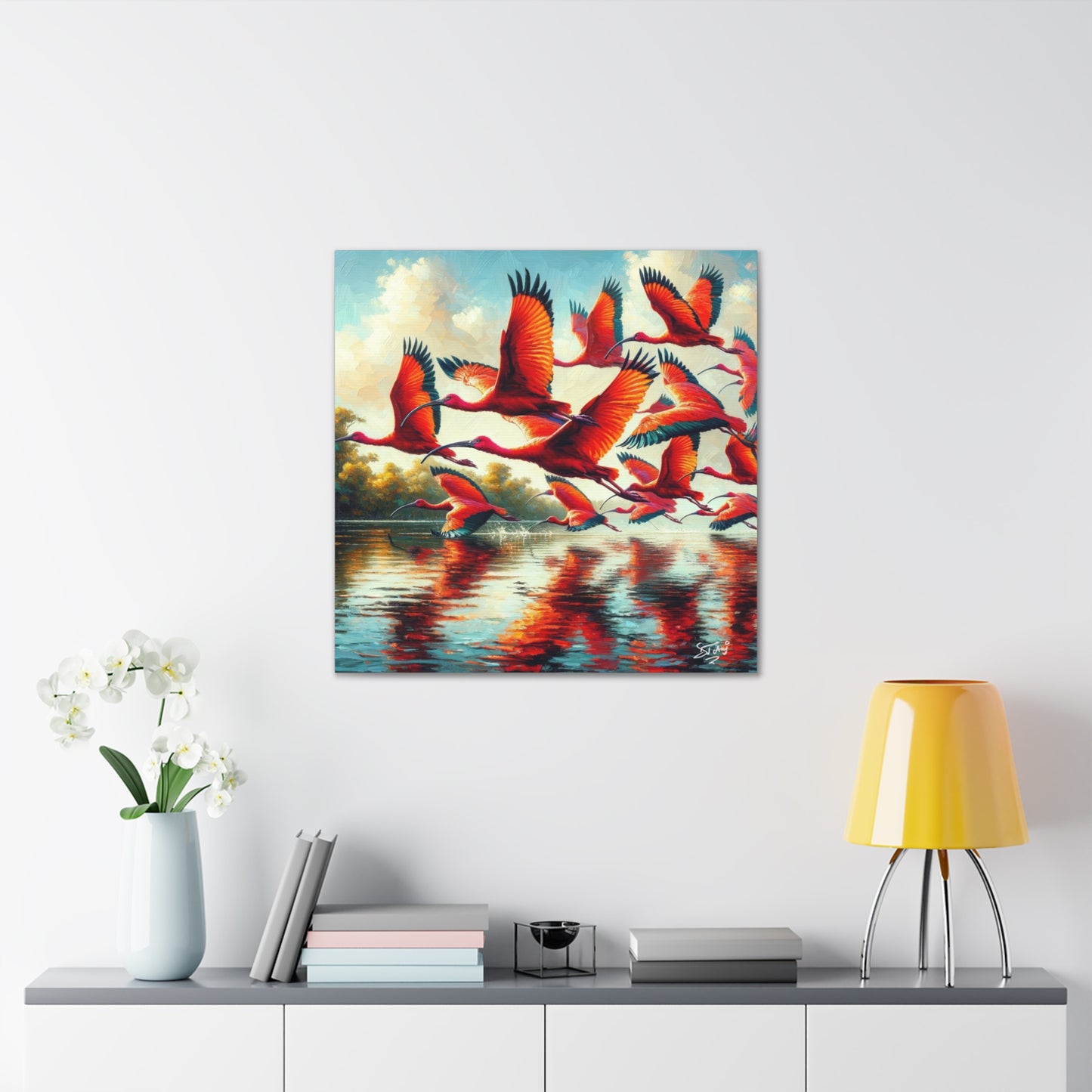 Art Print, Scarlet Ibises in flight, Oil Finish, Trinidad & Tobago, Caribbean, West Indian Art, Canvas Gallery Wraps