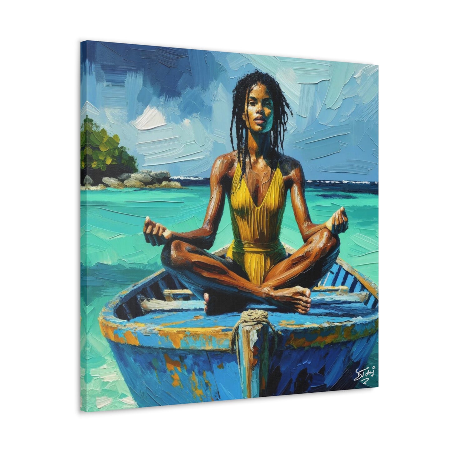 Art Print, Afro-Caribbean Woman "Chilling in the Boat (4)" Oil Finish, West Indian Ethnicity, Cultural, Heritage, Semi-Abstract, Canvas Gallery Wrap