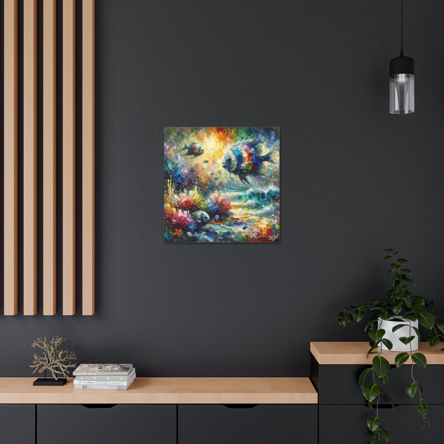 Art Print, Fishes in Coral Reef (2), Oil Finish, Caribbean Nature, Semi-Abstract, Canvas Gallery Wrap