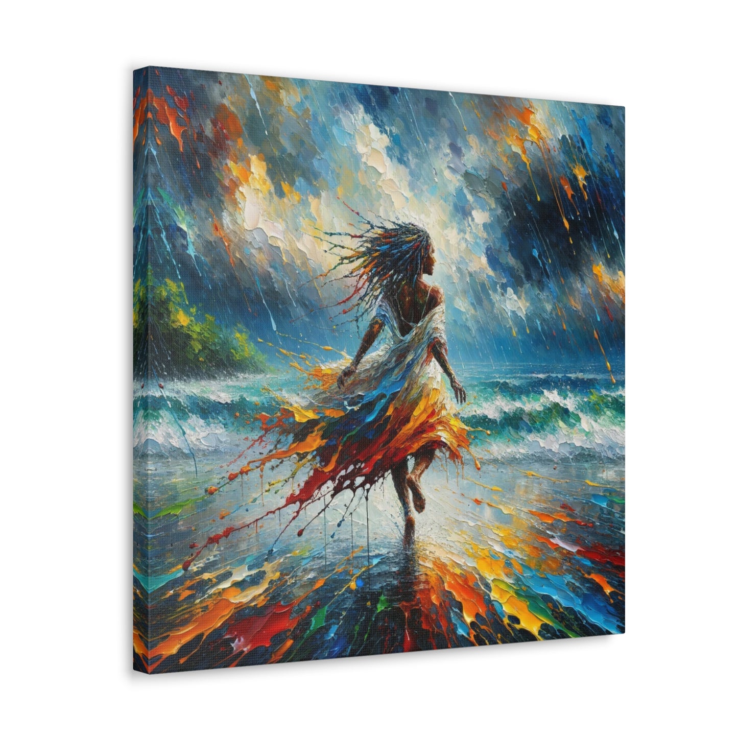 Art Print#4, East Indian Woman from Trinidad running into the Atlantic Ocean, Caribbean, Oil Finish, West Indian Art, Canvas Gallery Wraps