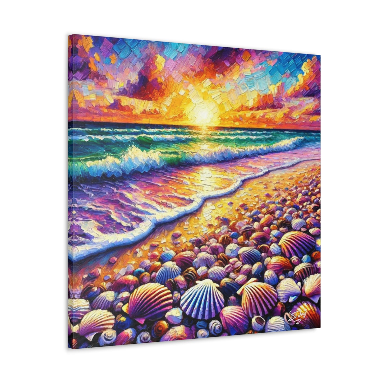 Art Print, Seashell, Caribbean Sunset Beach Scene, Abstract, Oil Painting, West Indian Art, Canvas Gallery Wraps