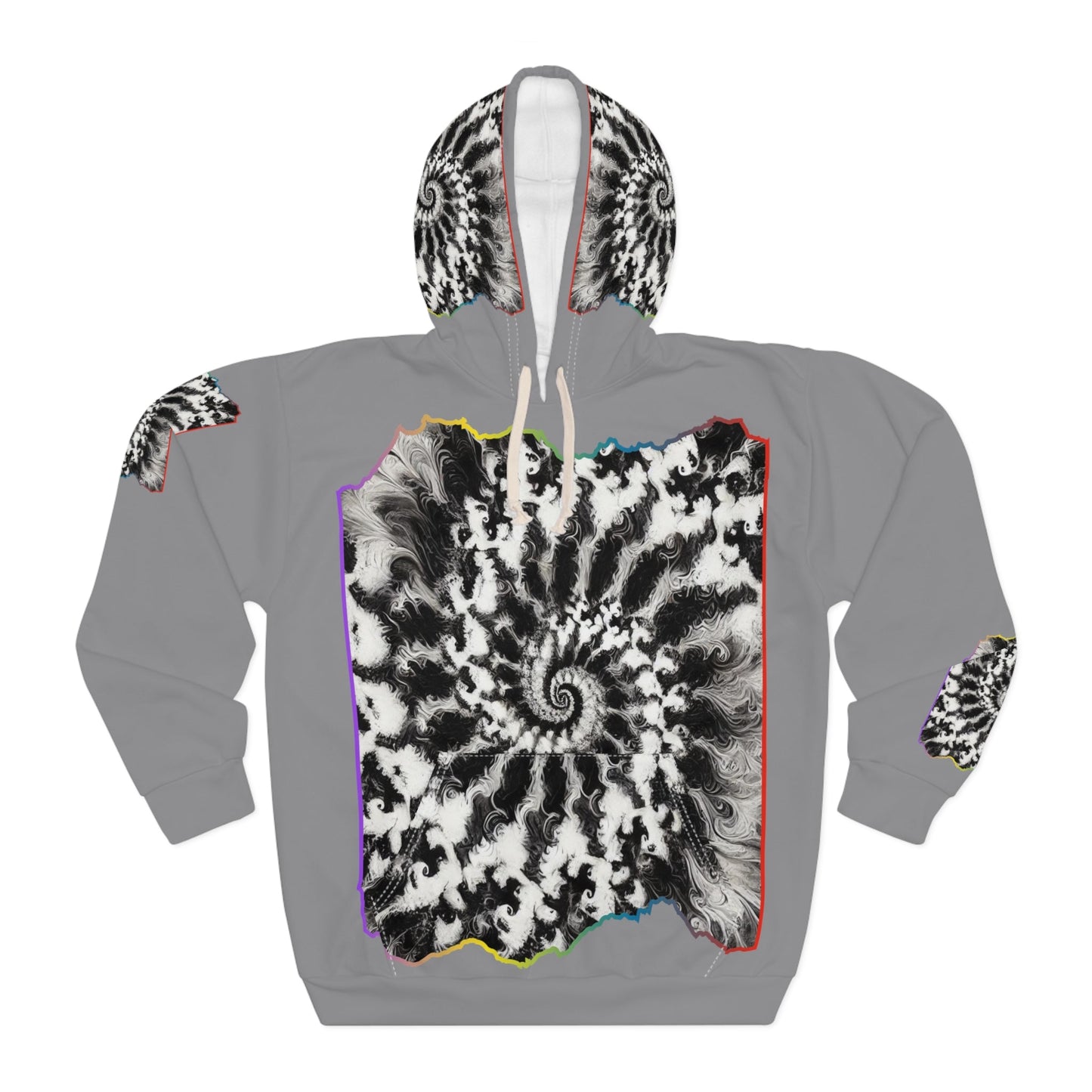 Unisex Pullover Hoodie (AOP) "B&W Tie-Dye Abstract Print"