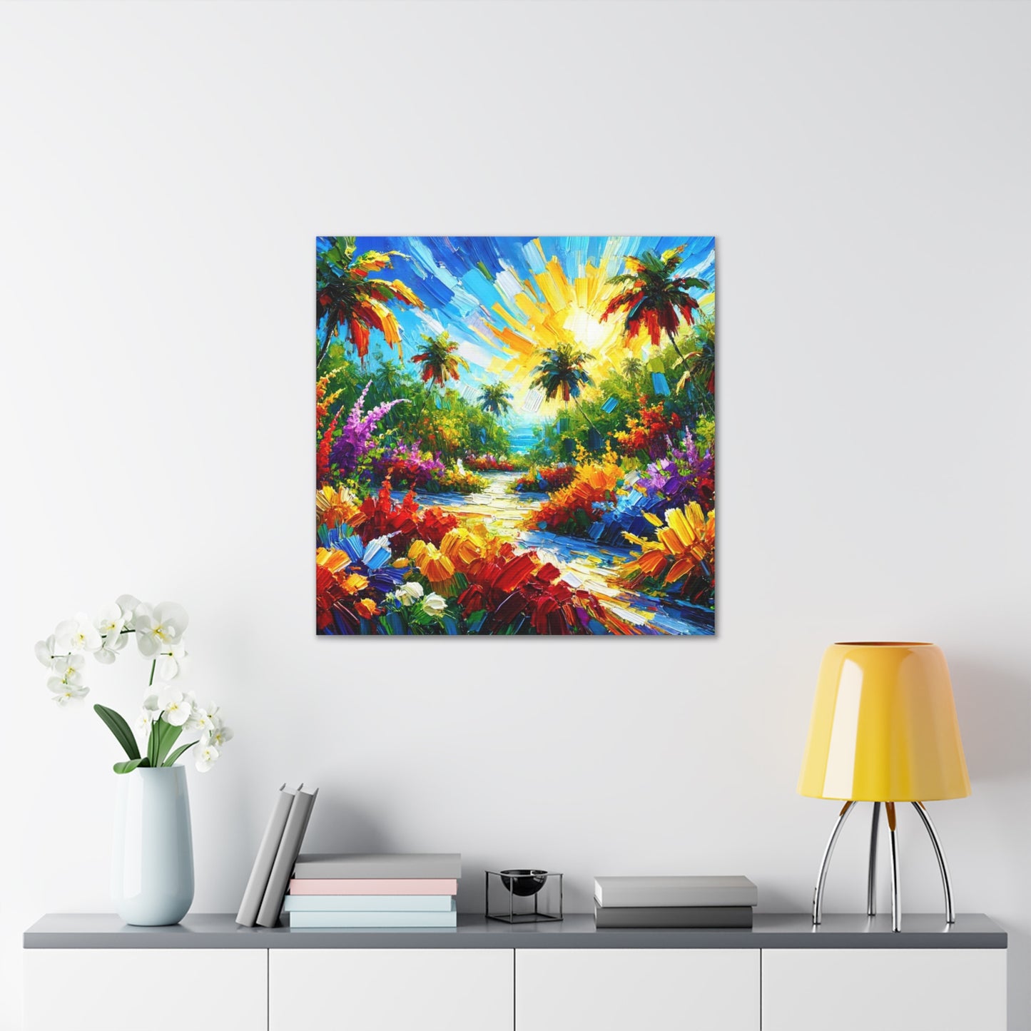 Art Print of Tropical Flower Garden, Abstract Oil Finish, West Indian Art, Canvas Gallery Wraps