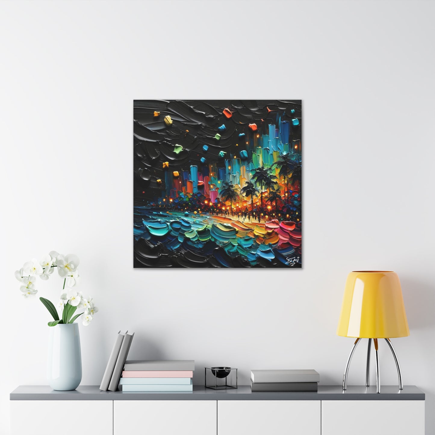 Art Print of Caribbean Beach at Night, Semi-Abstract, Oil Painting, West Indian Art, Canvas Gallery Wraps