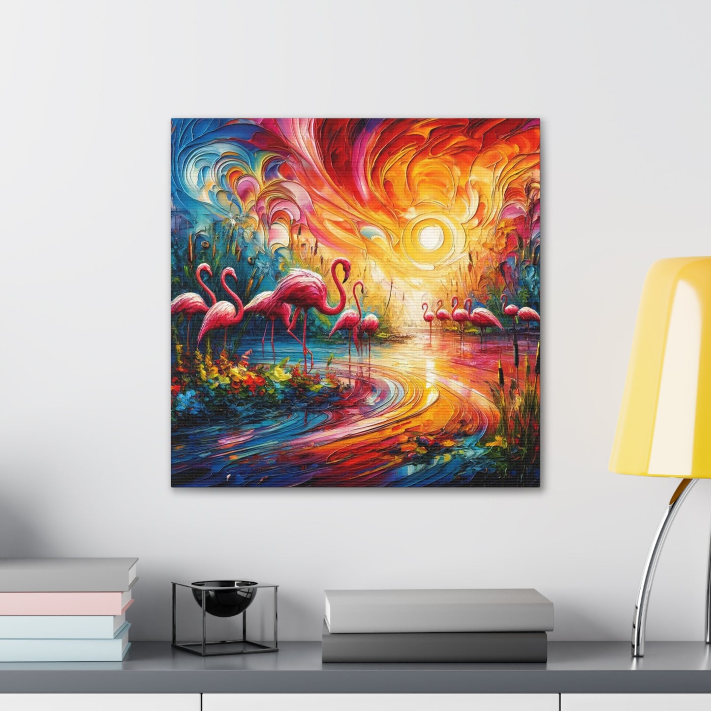 Art Print, Flamingos, Abstract Oil Finish, Trinidad & Tobago, Caribbean, West Indian Art, Canvas Gallery Wraps