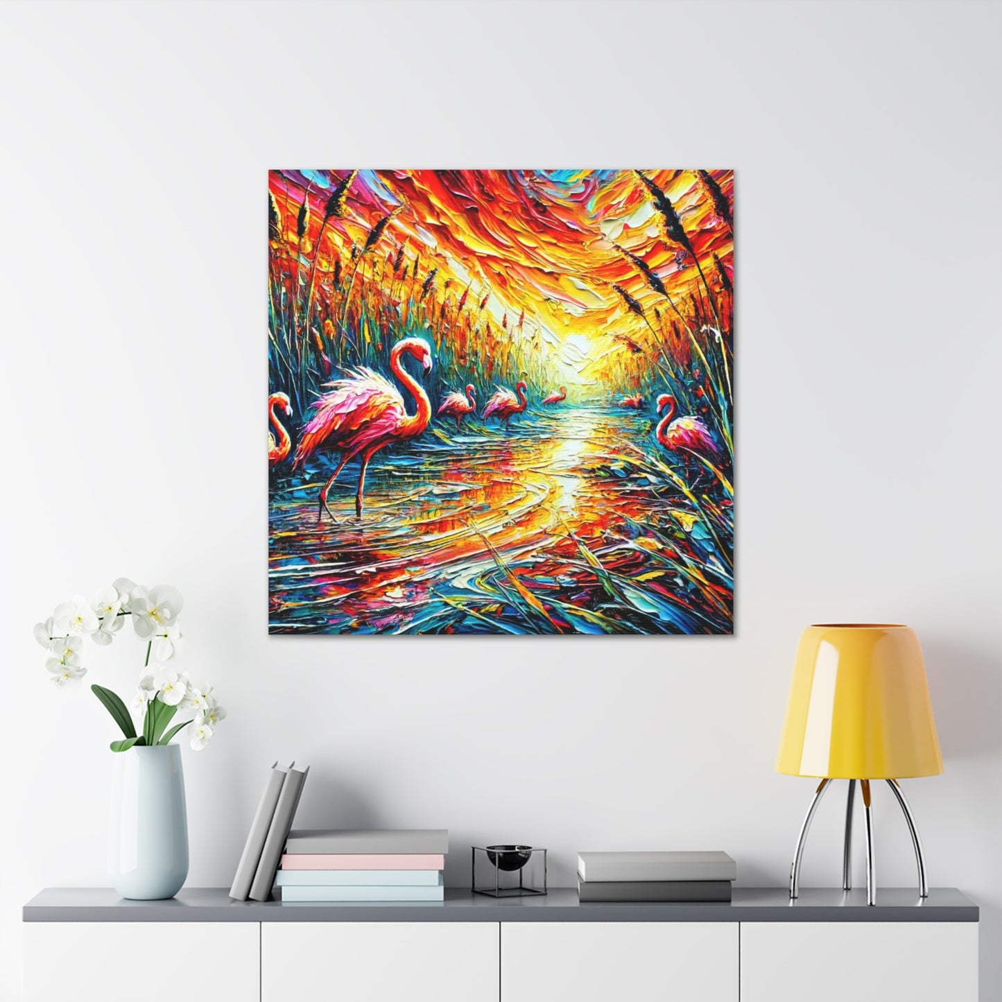 Art Print, Flamingos, Abstract Oil Finish, Trinidad & Tobago, Caribbean, West Indian Art, Canvas Gallery Wraps