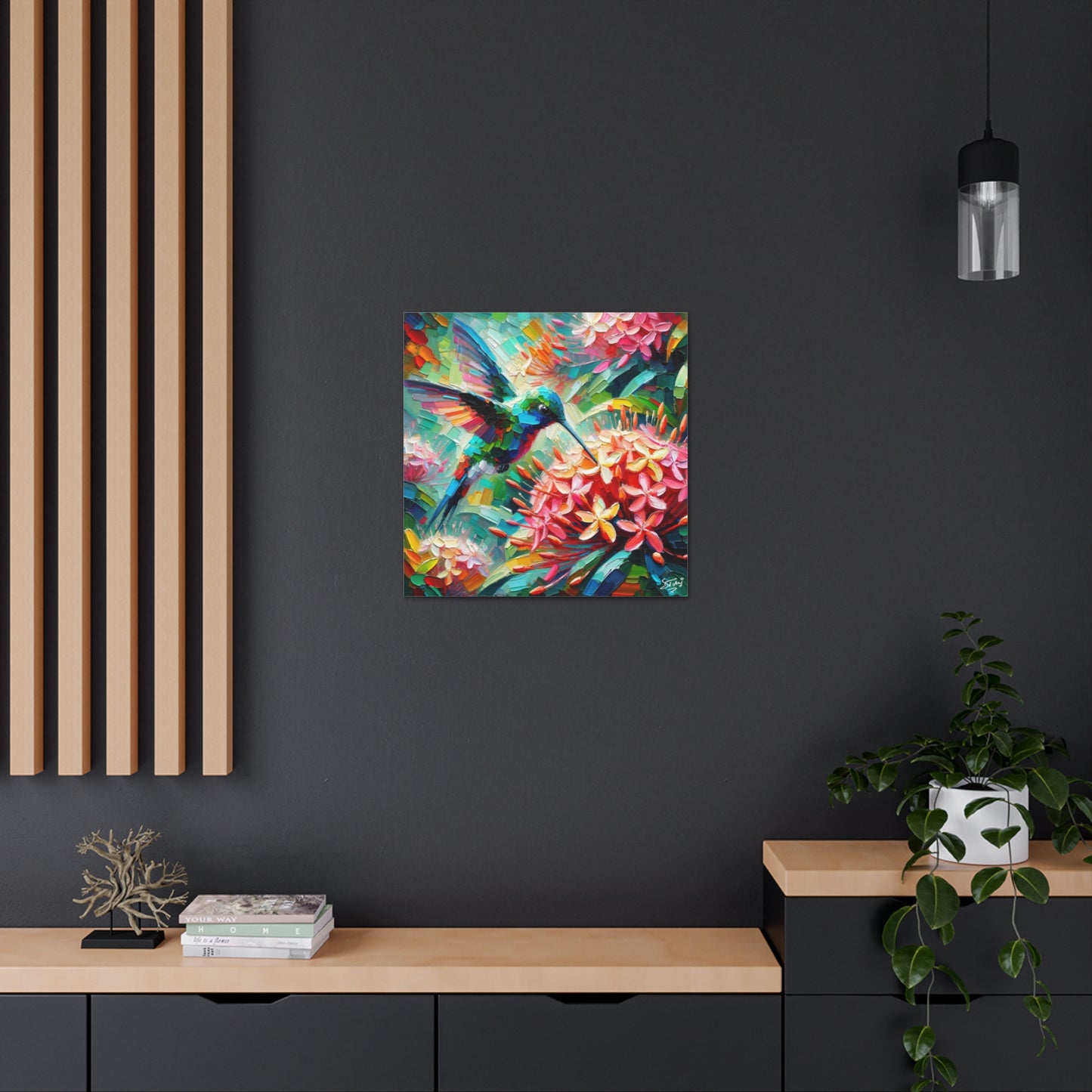 Art Print, Hummingbird, Oil Finish, Caribbean Nature, Cultural, Heritage, Semi-Abstract, Canvas Gallery Wrap