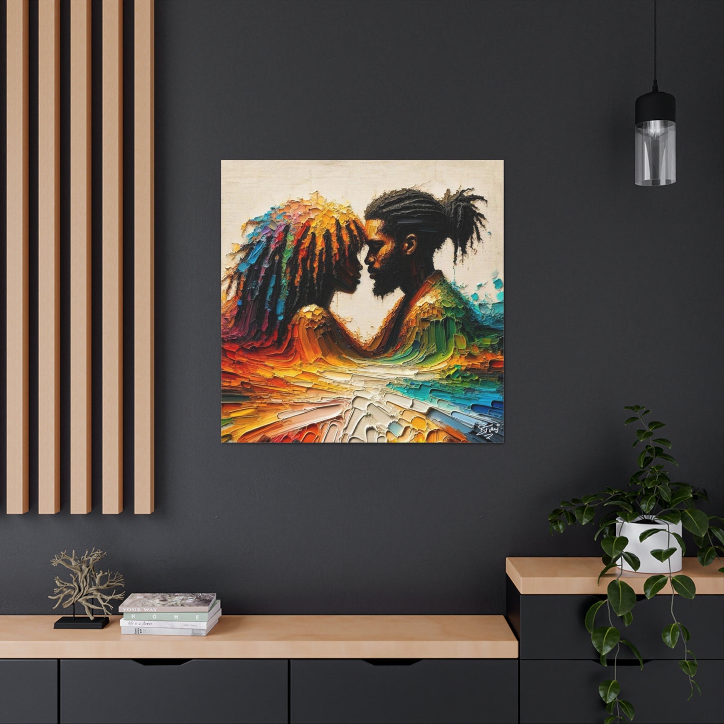 Art Print, Afro-Caribbean Couple in Love (2), Oil Finish, West Indian Ethnicity, Cultural, Heritage, Semi-Abstract, Canvas Gallery Wrap