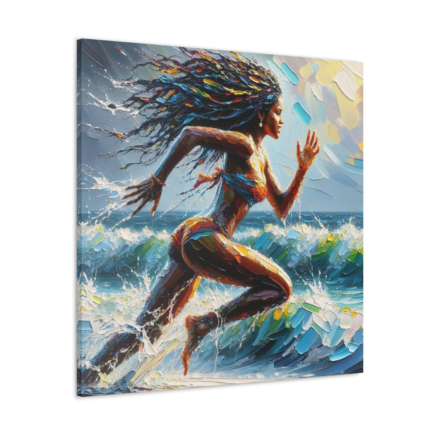 Art Print#3, East Indian Woman from Trinidad running into the Atlantic Ocean, Caribbean, Oil Finish, West Indian Art, Canvas Gallery Wraps