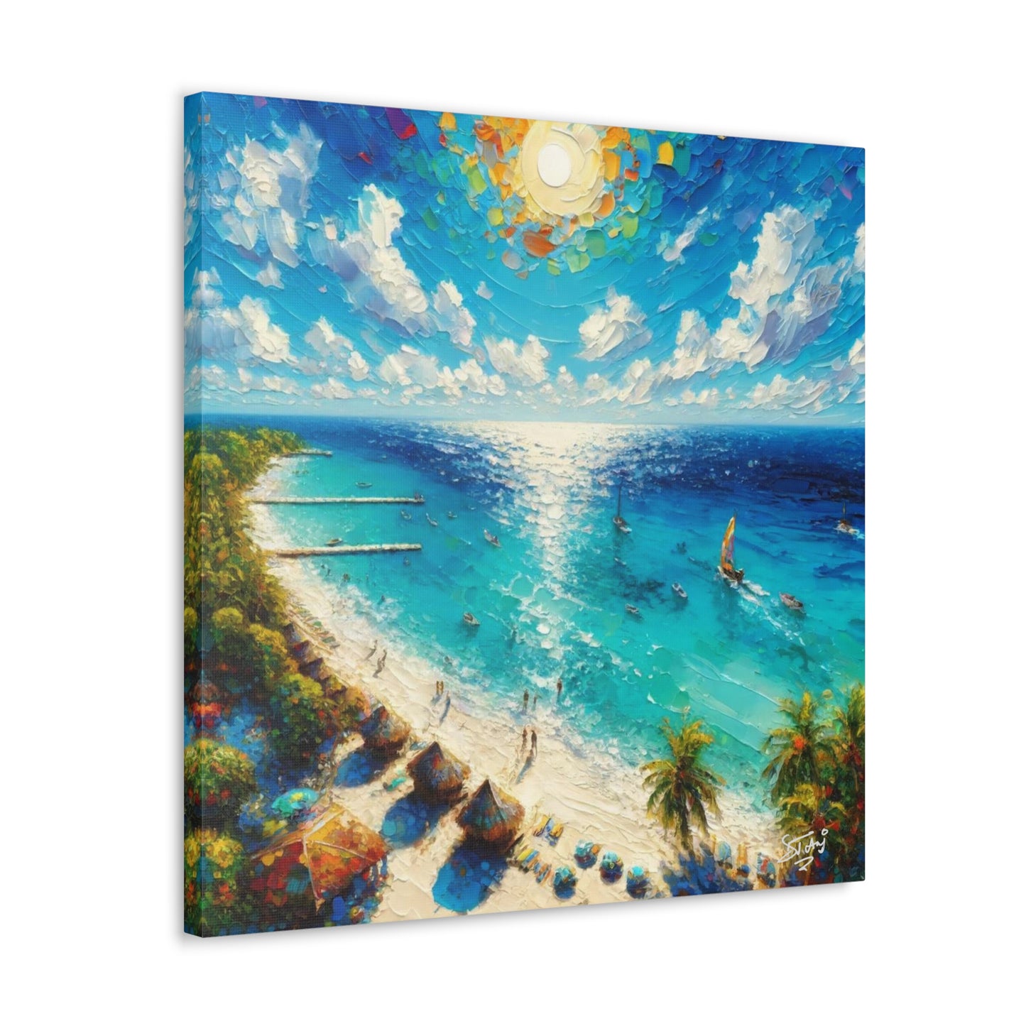 Art Print of Caribbean Beach Scene, Abstract, Oil Painting, West Indian Art, Canvas Gallery Wraps