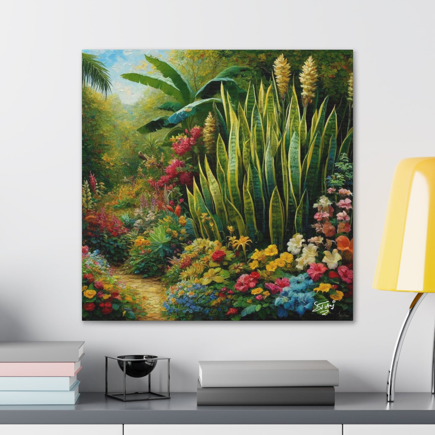 Art Print of Snake Plant in Tropical Flower Garden, Oil Finish, West Indian Art, Canvas Gallery Wraps