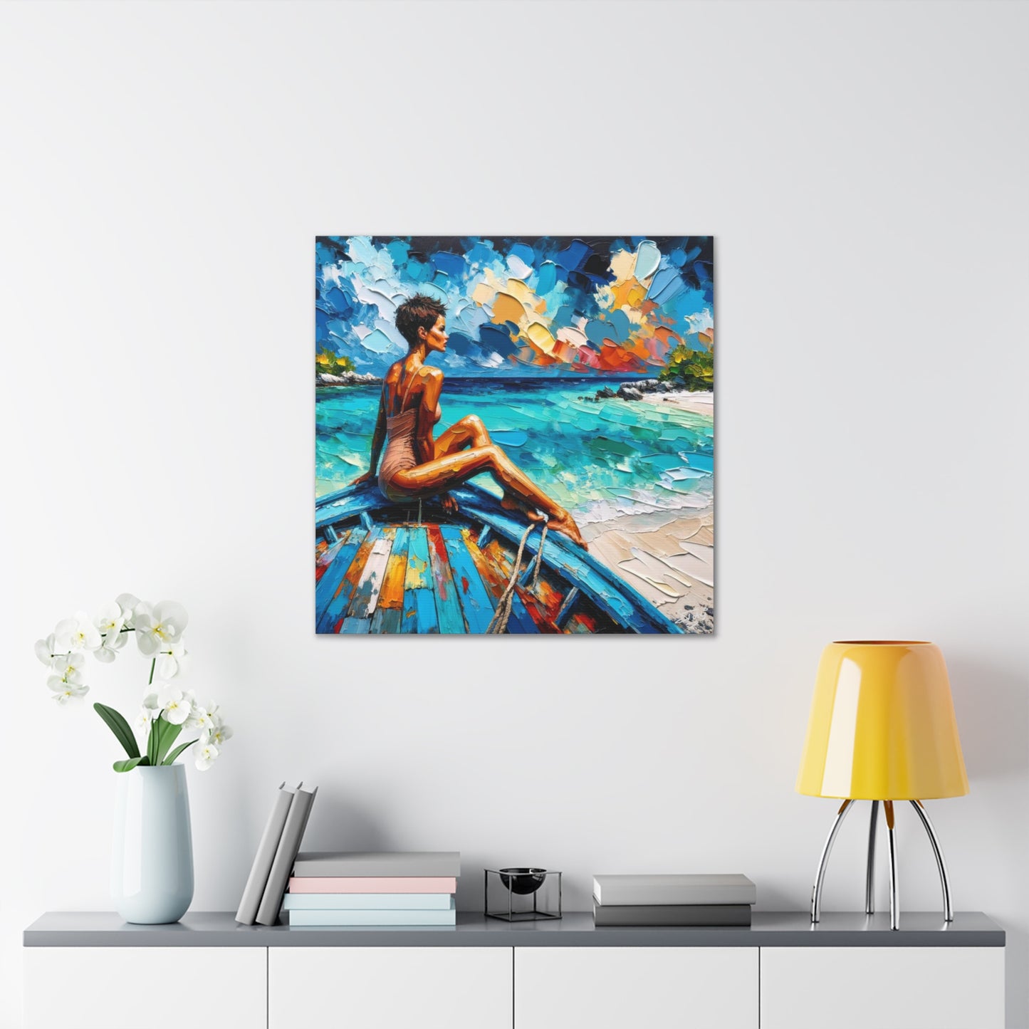 Art Print, Caribbean Woman "Chilling in the Boat" Oil Finish, West Indian Ethnicity, Cultural, Heritage, Semi-Abstract, Canvas Gallery Wrap