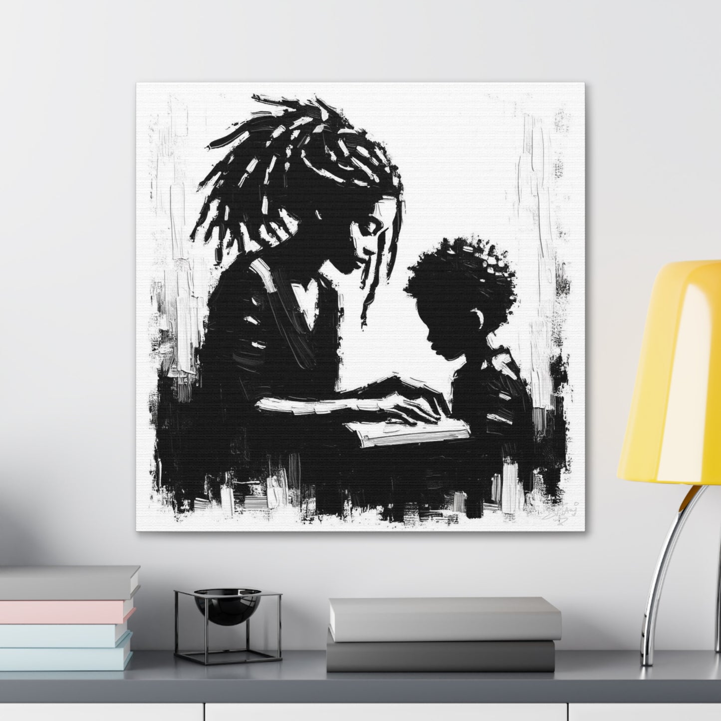 Art Print, Afro-Caribbean Mother & Son, Oil Finish, West Indian Ethnicity, Cultural, Heritage, Semi-Abstract, Canvas Gallery Wrap