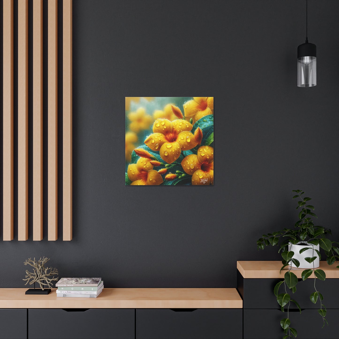 Print of Yellow Allamanda Flowers in the Rain, Oil Paint Finish, Caribbean, Tropical, Canvas Gallery Wraps