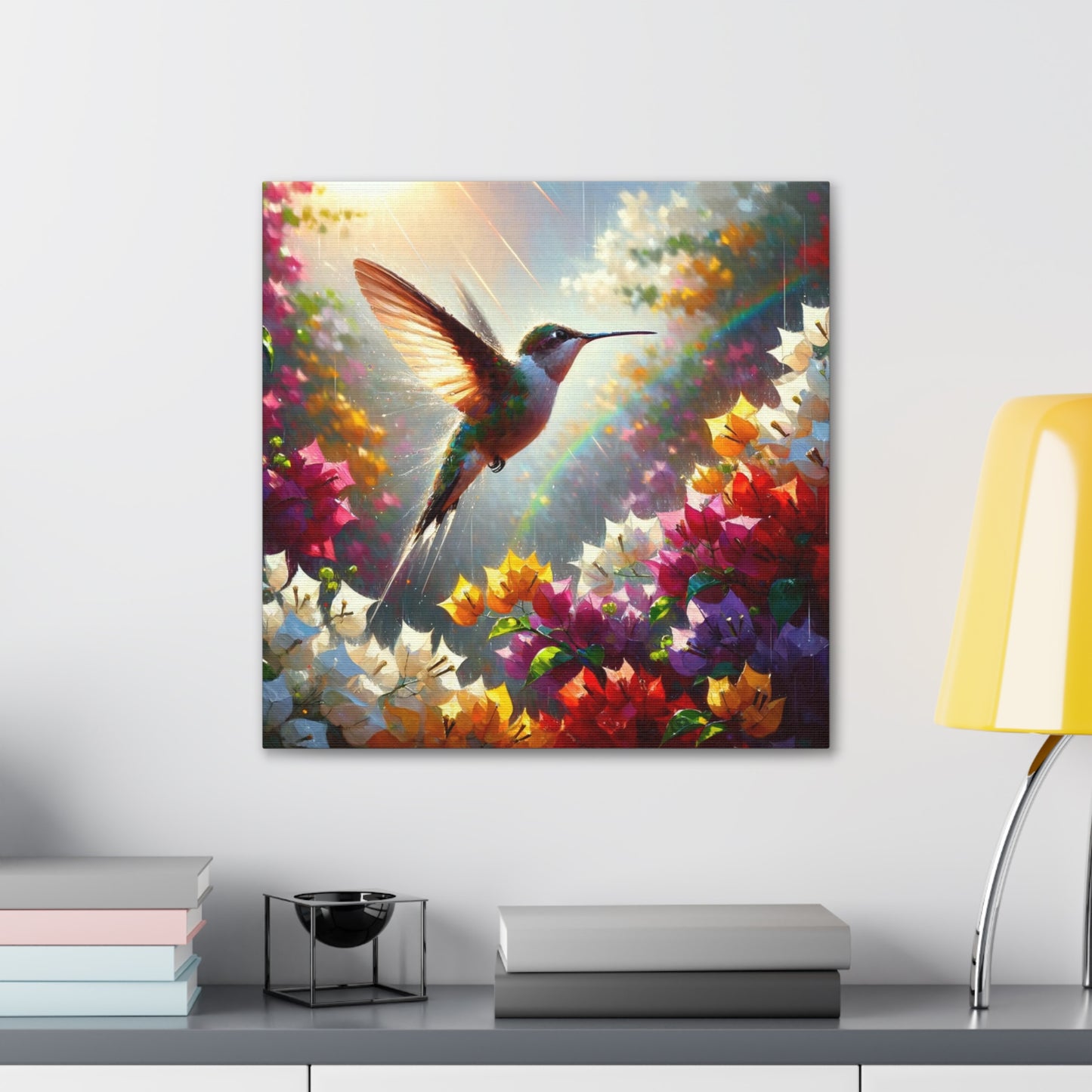 Art Print#3 of Hummingbird in Flight...in the Sun and Rain, Bougainvillea, Caribbean, Oil Finish, West Indian Art, Canvas Gallery Wraps