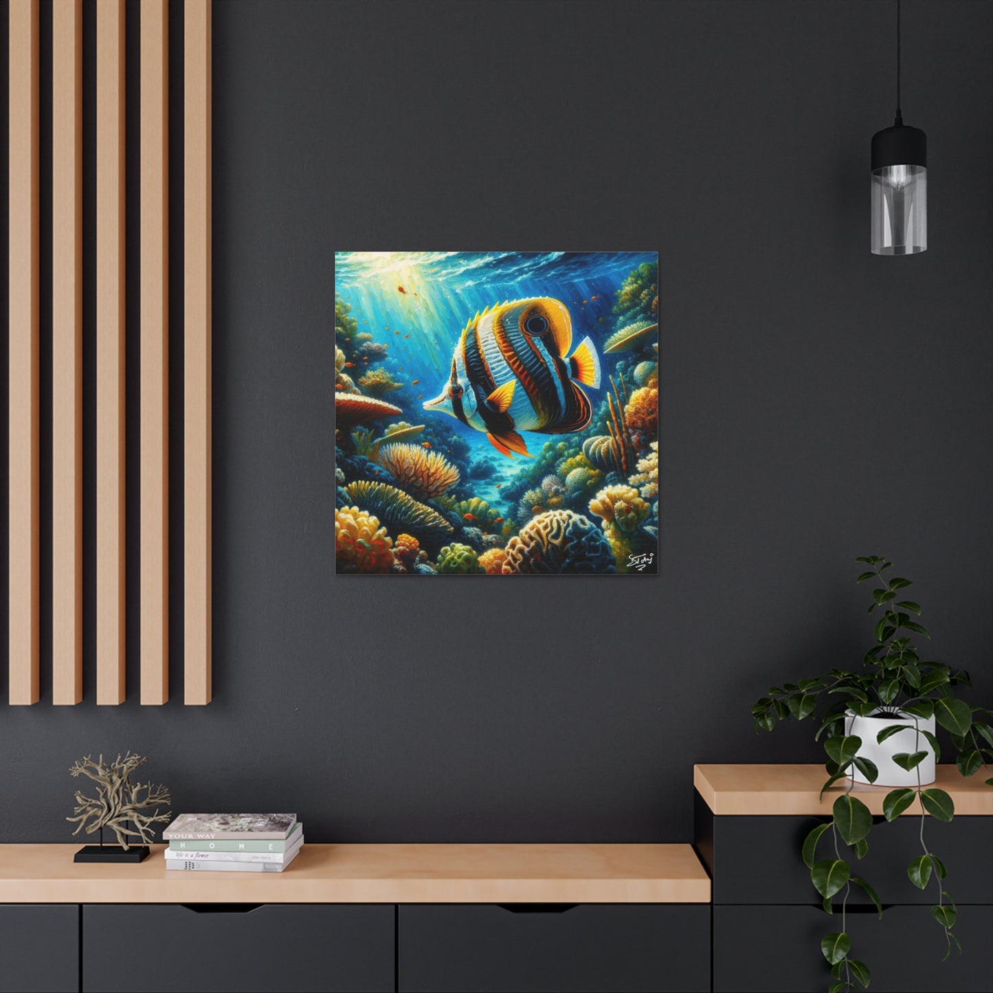 Art Print, Banded Butterflyfish in Coral Reef, Oil Finish, Caribbean Nature, Semi-Abstract, Canvas Gallery Wrap