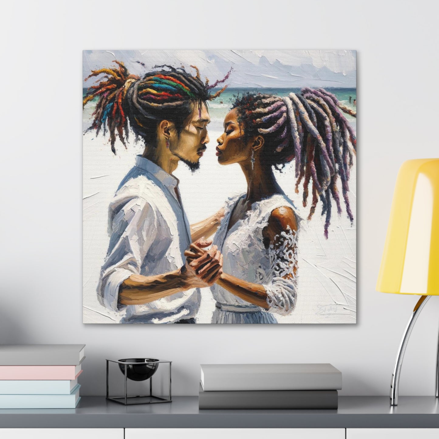 Art Print, Caribbean Couple, "Beach Wedding" Semi-Abstract Oil Finish, West Indian Ethnicity, Cultural, Heritage, Canvas Gallery Wrap