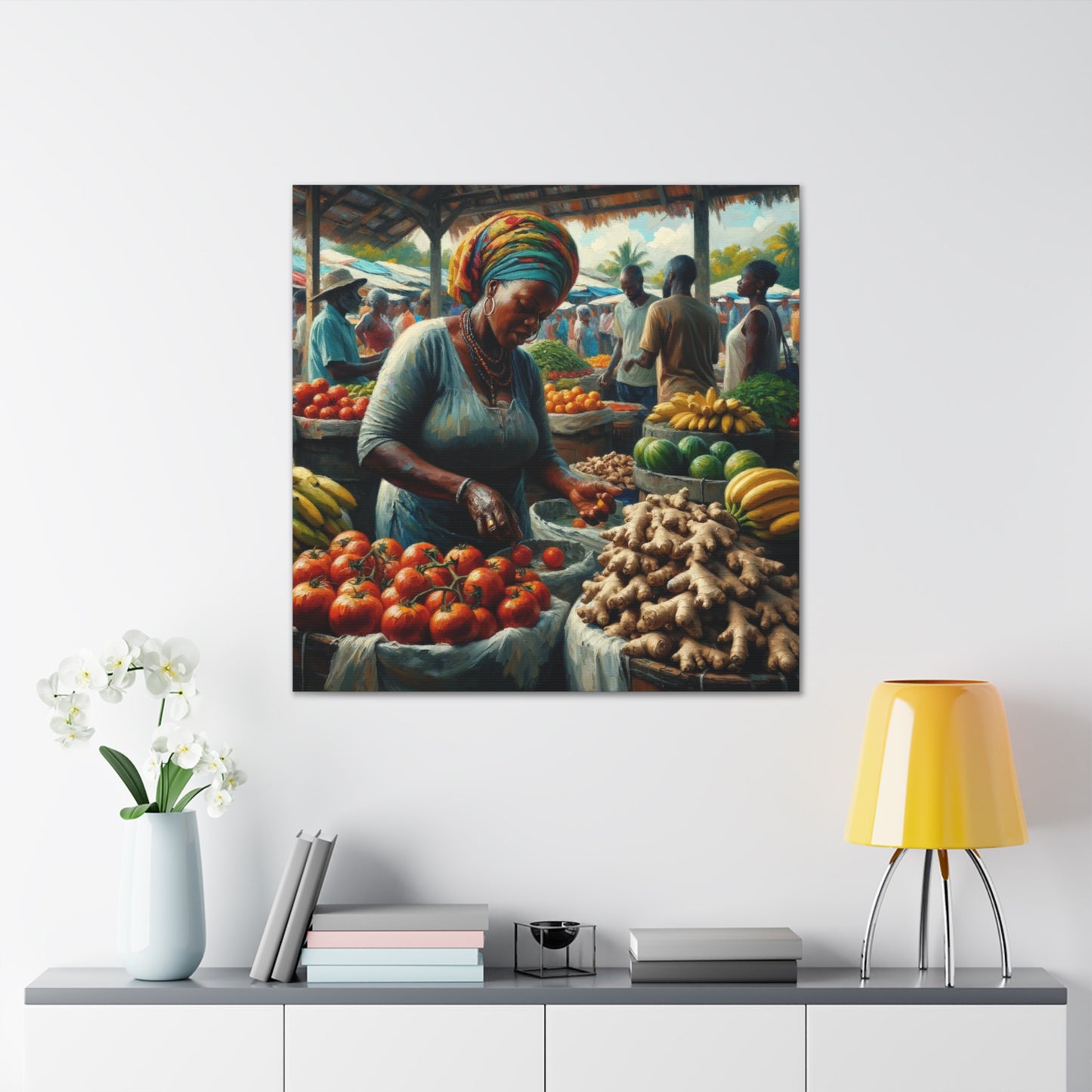 Art Print#5, "Selling at the Market", Market Scene in Trinidad, Caribbean, Oil Finish, West Indian Art, Canvas Gallery Wraps