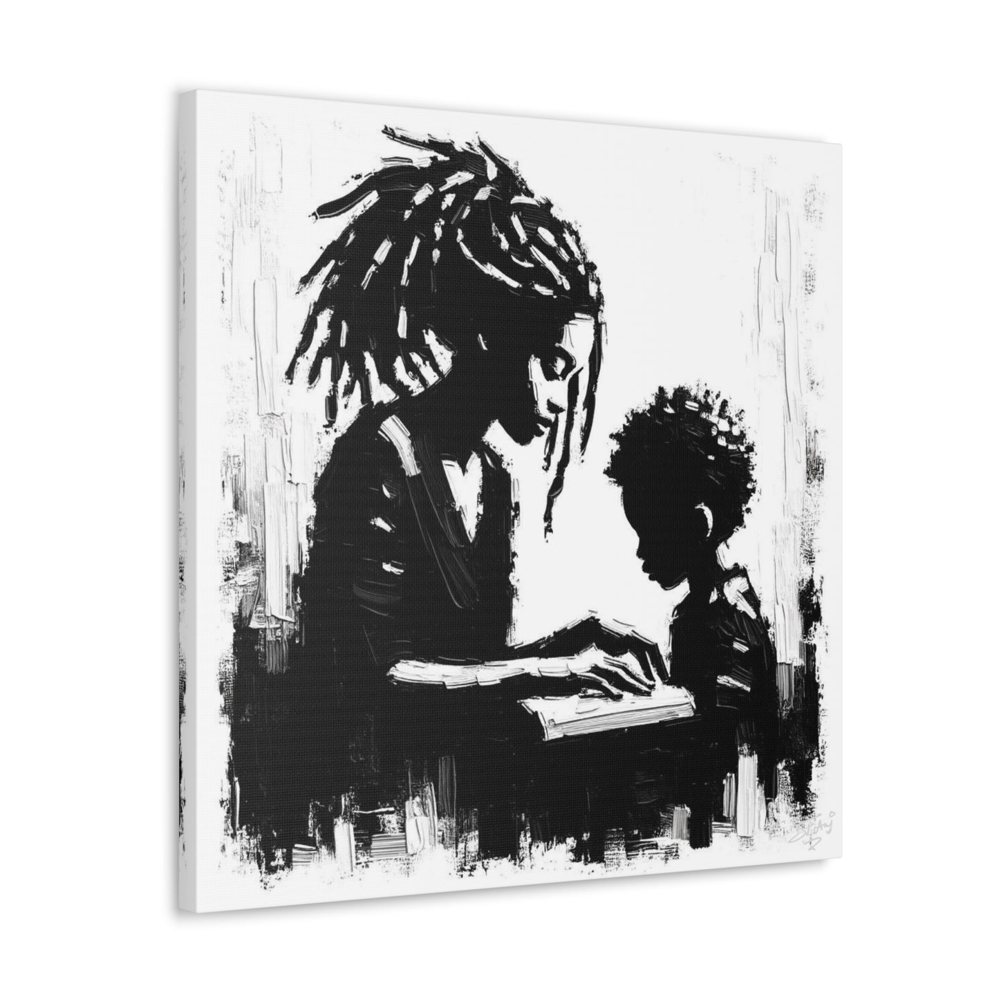 Art Print, Afro-Caribbean Mother & Son, Oil Finish, West Indian Ethnicity, Cultural, Heritage, Semi-Abstract, Canvas Gallery Wrap