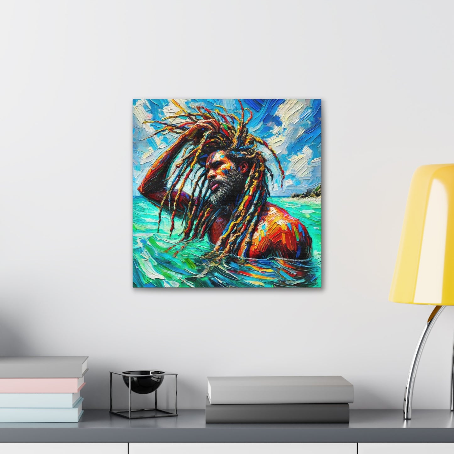 Art Print, Afro-Caribbean Man, "Sea Bath" Abstract, Semi-Abstract Oil Finish, West Indian Ethnicity, Cultural, Heritage, Abstract, Canvas Gallery Wrap