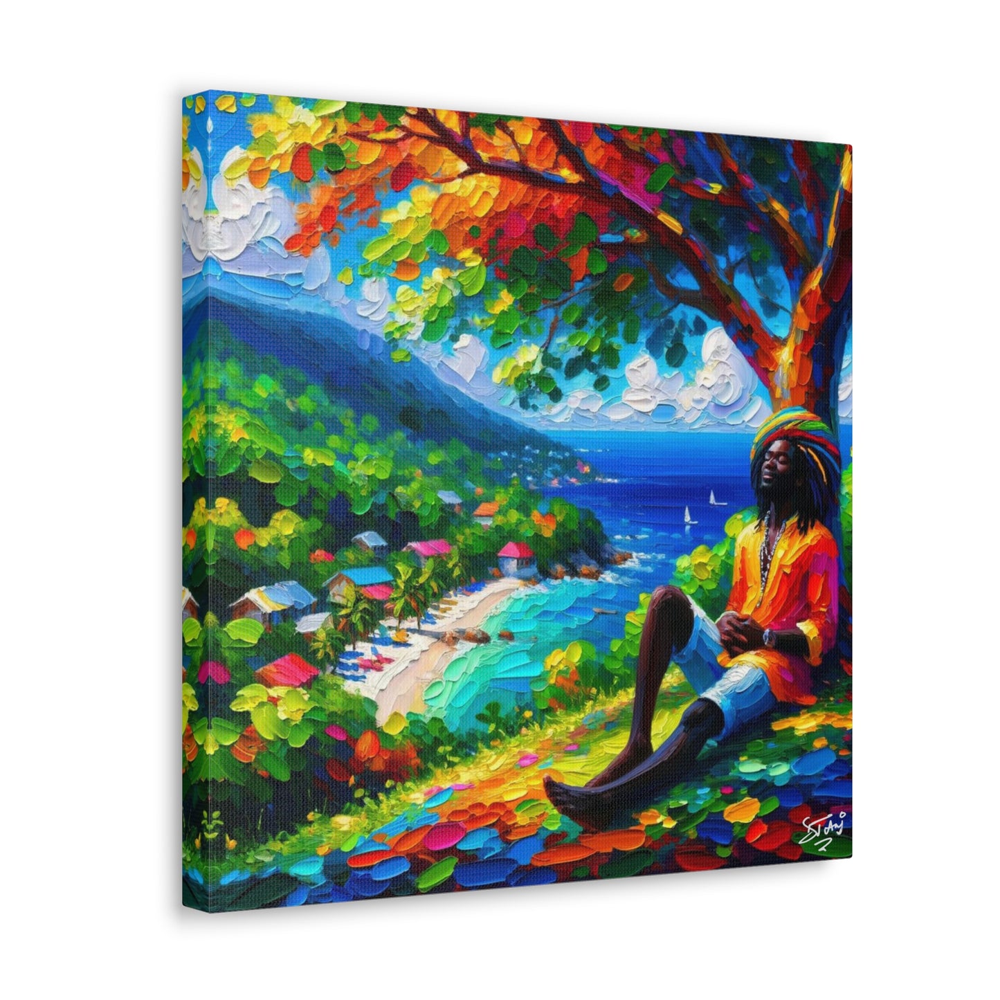 Art Print, Rastaman, "Relaxing" Oil Finish, West Indian Ethnicity, Cultural, Heritage, Abstract, Canvas Gallery Wrap