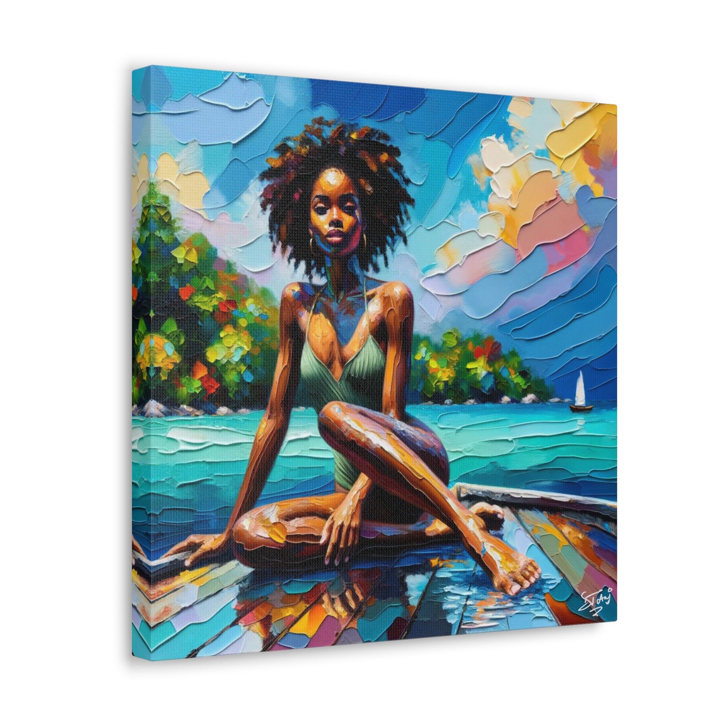 Art Print, Afro-Caribbean Woman "Chilling in the Boat" Oil Finish, West Indian Ethnicity, Cultural, Heritage, Semi-Abstract, Canvas Gallery Wrap