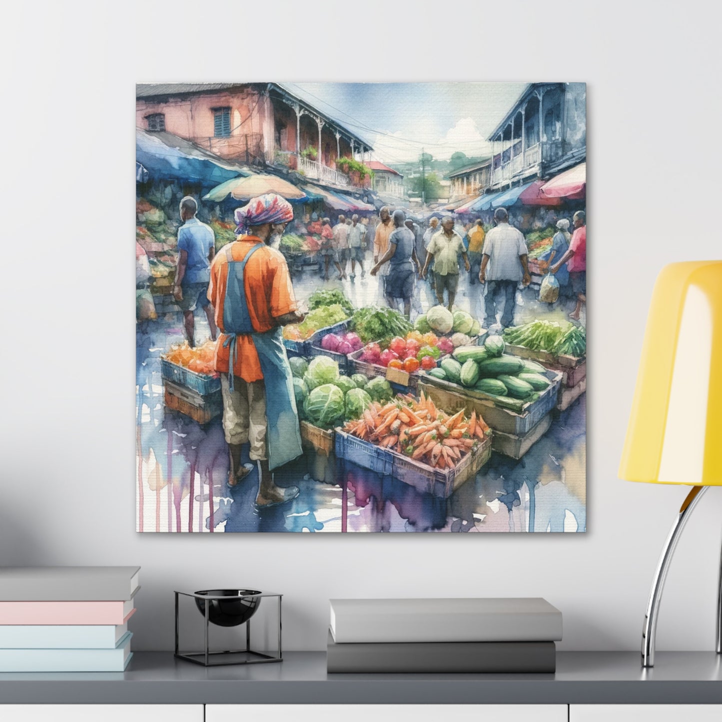 Art Print#2, "Selling at the Market", Market Scene in Trinidad, Caribbean, Watercolor Finish, West Indian Art, Canvas Gallery Wraps