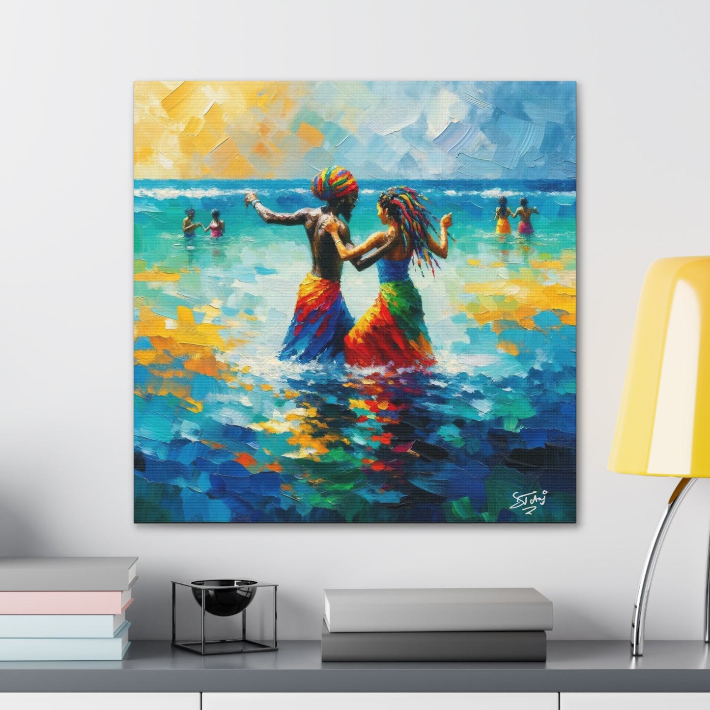 Art Print, Caribbean Couple, "In Our World" Semi-Abstract Oil Finish, West Indian Ethnicity, Cultural, Heritage, Abstract, Canvas Gallery Wrap