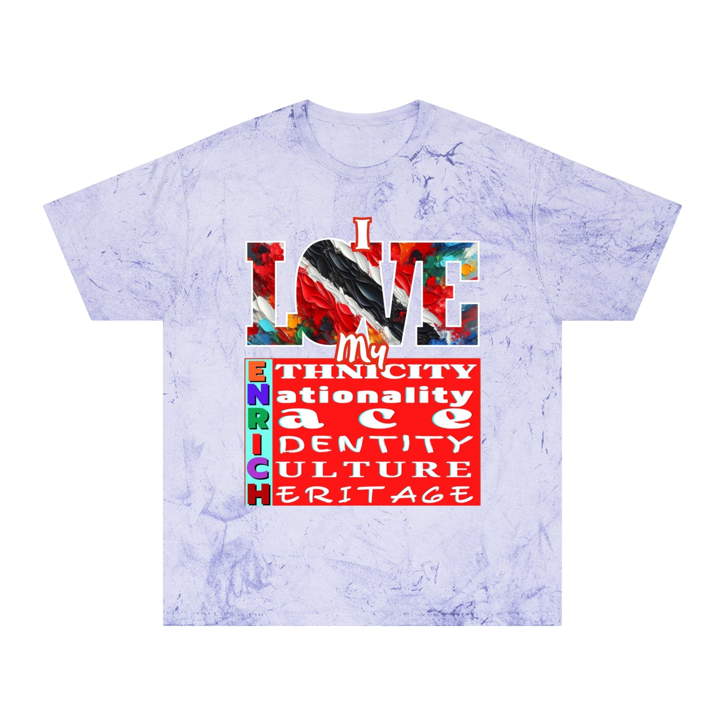 Unisex Color Blast T-Shirt "I Love My ENRICH" Trinidad Unity, Anti-Racism, One Love, Inclusion Diversity, Immigrant Outsiders, Togetherness, FashionWithPurpose, Conscious Clothing, Cultural Identity, Black Inspiration Empowerment