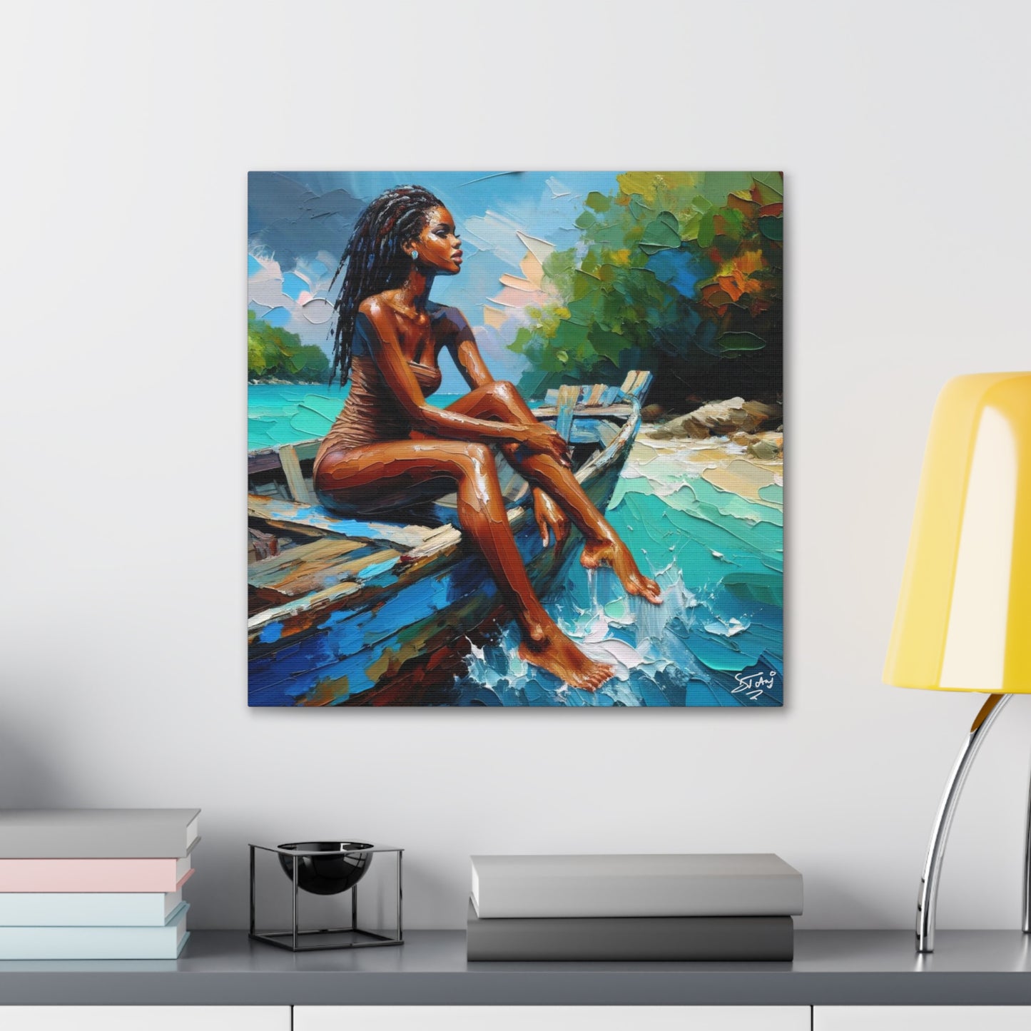 Art Print, Afro-Caribbean Woman "Chilling in the Boat (3)" Oil Finish, West Indian Ethnicity, Cultural, Heritage, Semi-Abstract, Canvas Gallery Wrap