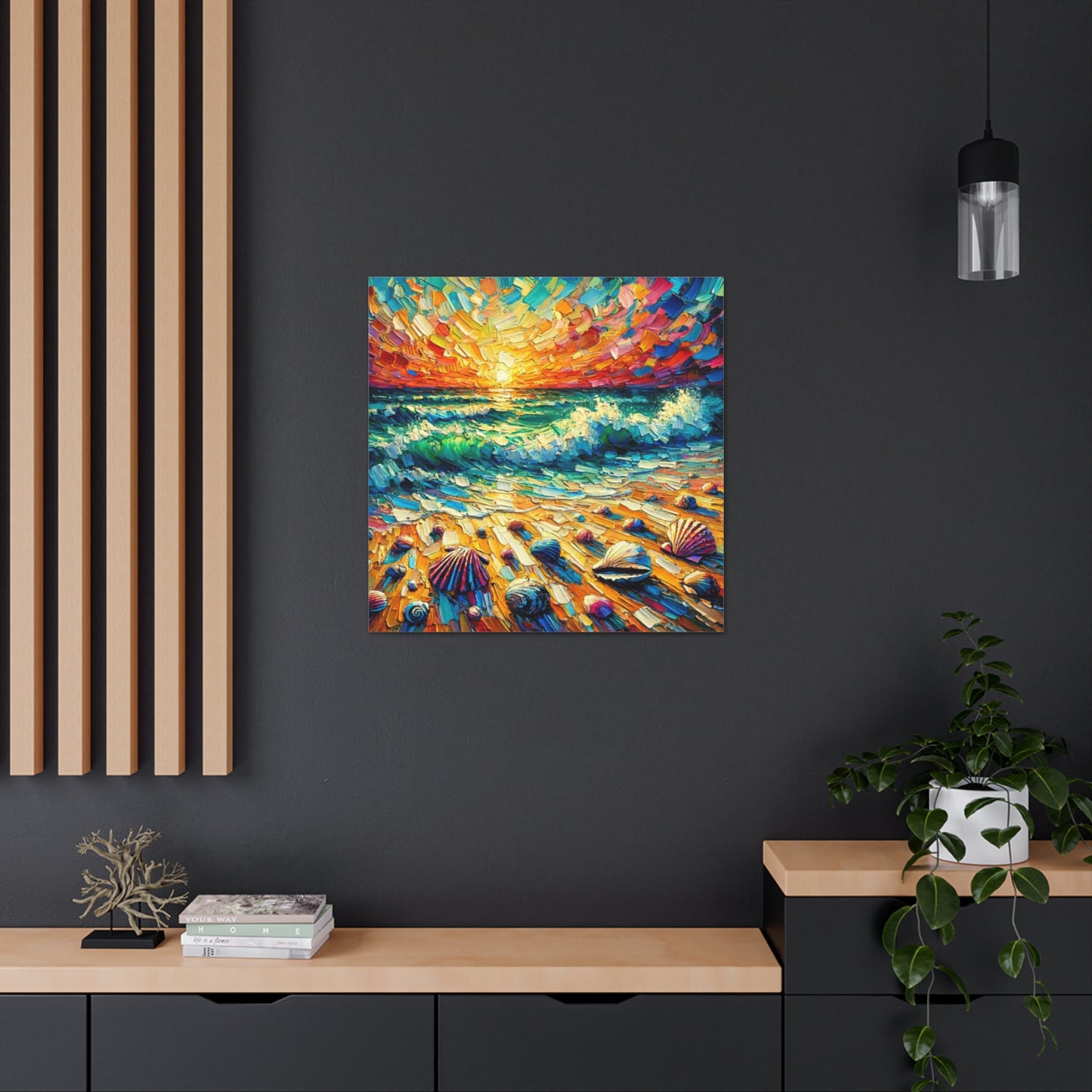 Art Print, Seashells on Caribbean Beach, Sunset, Semi-Abstract, Oil Painting, West Indian Art, Canvas Gallery Wraps