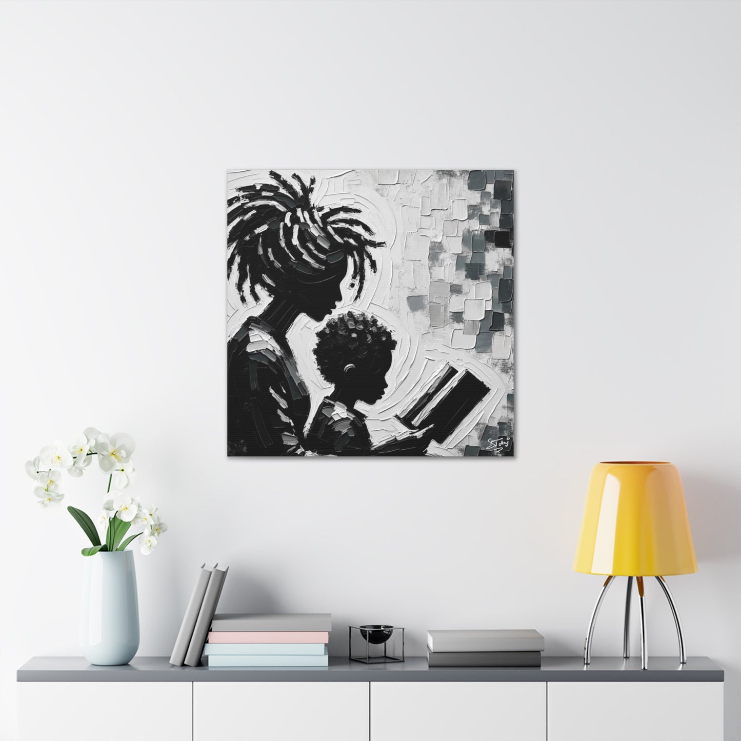 Art Print, Afro-Caribbean Mother & Son (2), Oil Finish, West Indian Ethnicity, Cultural, Heritage, Semi-Abstract, Canvas Gallery Wrap