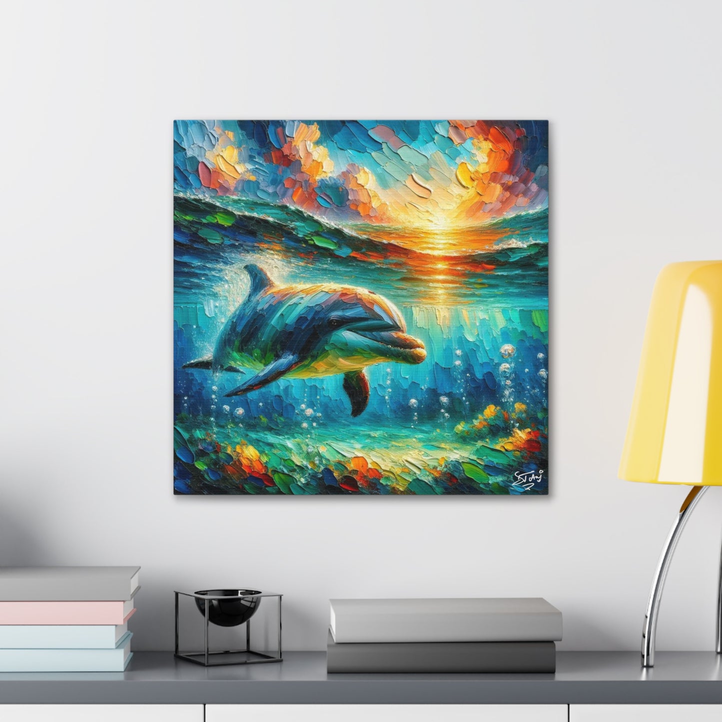 Art Print, Dolphin at Sunset, Oil Finish, Caribbean Nature, Semi-Abstract, Canvas Gallery Wrap