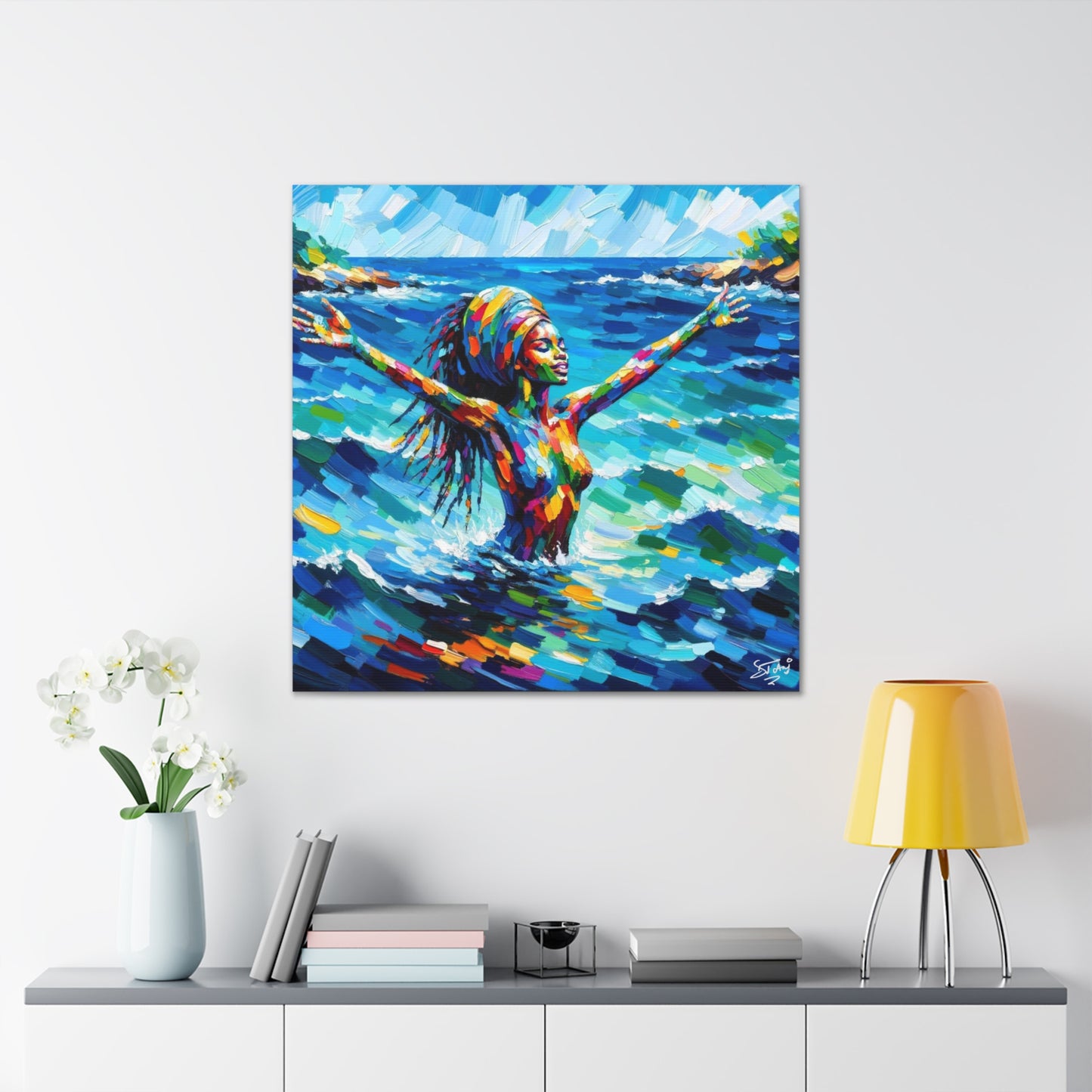 Art Print, Black Woman, Sea Bath, Oil Finish, Caribbean Nature, Semi-Abstract, Canvas Gallery Wrap