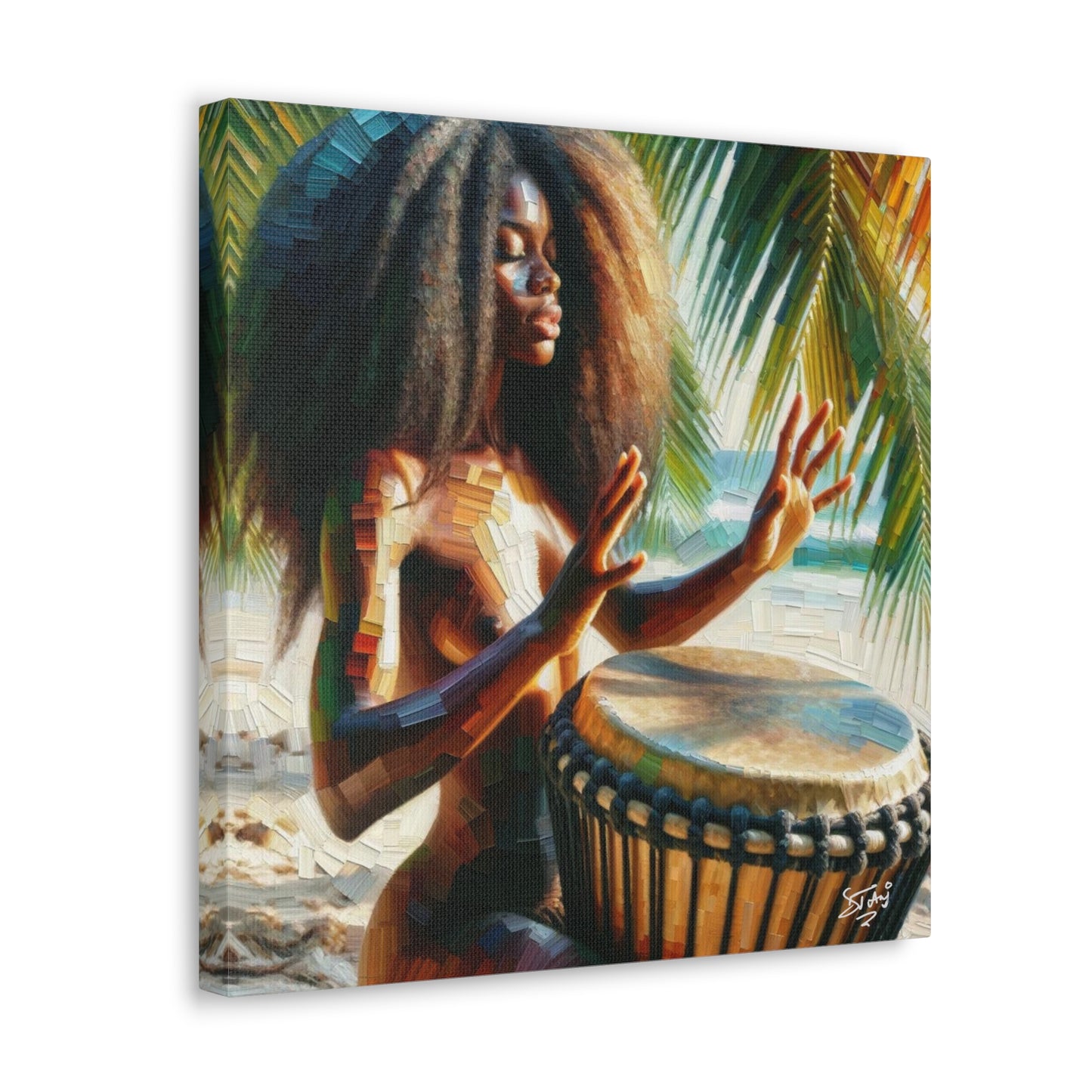 Art Print, Afro-Caribbean Woman, "Drumming" Oil Finish, West Indian Ethnicity, Cultural, Heritage, Abstract, Canvas Gallery Wrap