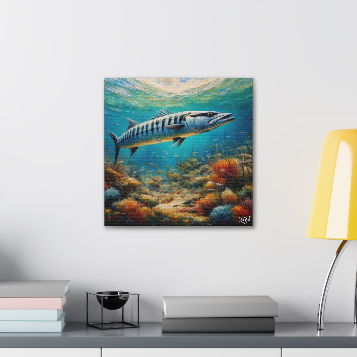 Art Print, Great Barracuda, Oil Finish, Caribbean Nature, Canvas Gallery Wrap