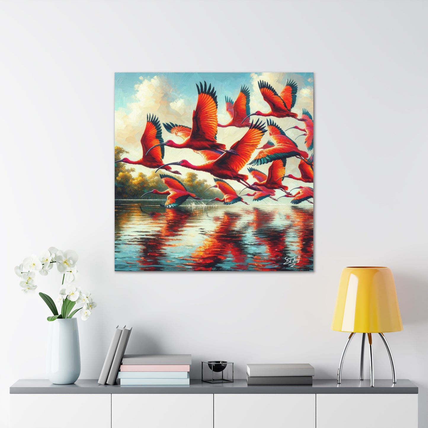 Art Print, Scarlet Ibises in flight, Oil Finish, Trinidad & Tobago, Caribbean, West Indian Art, Canvas Gallery Wraps