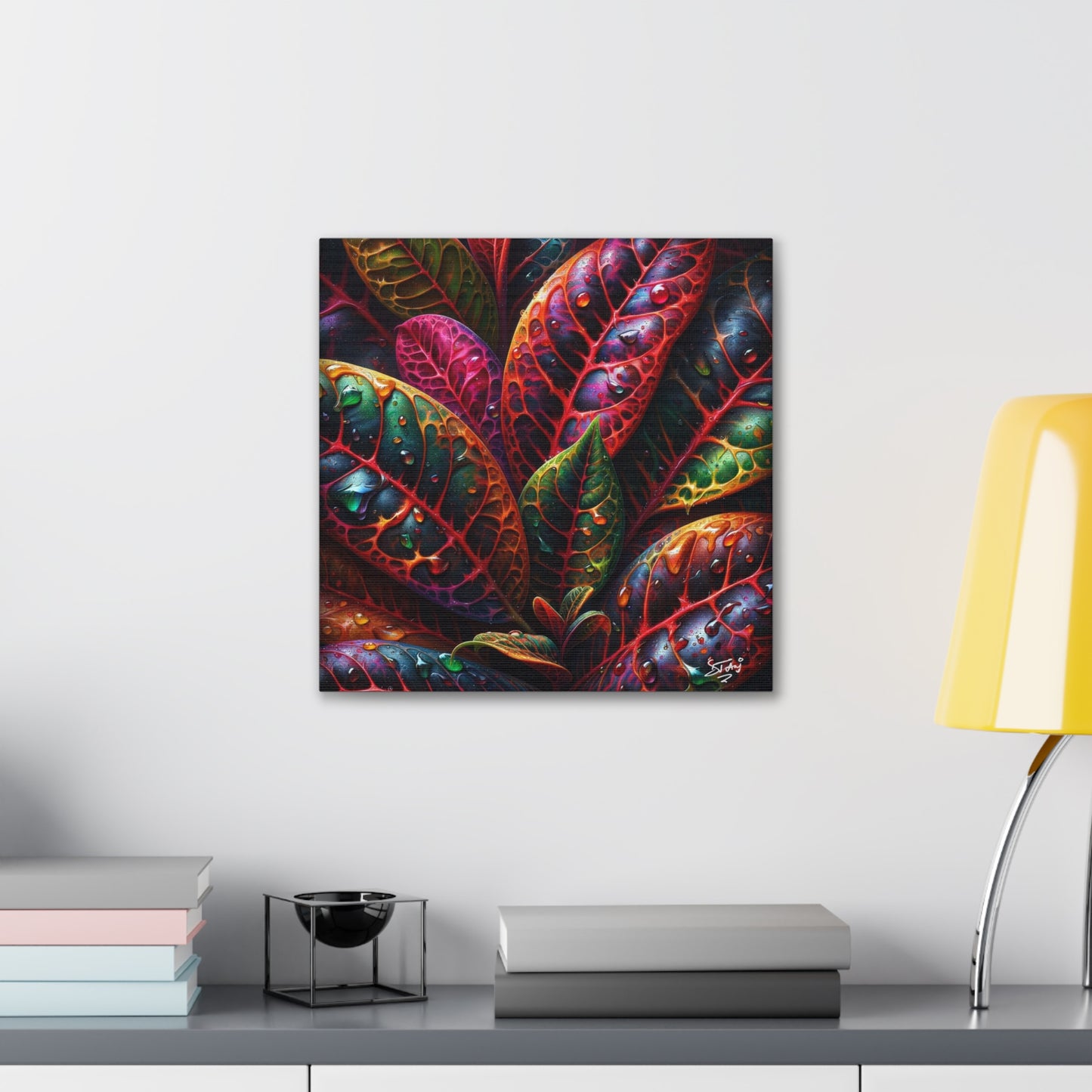 Oil Print#3 of Croton Plant, Close-up, Still Wet from Recent Rain, Caribbean, Tropical Plant, Canvas Gallery Wraps