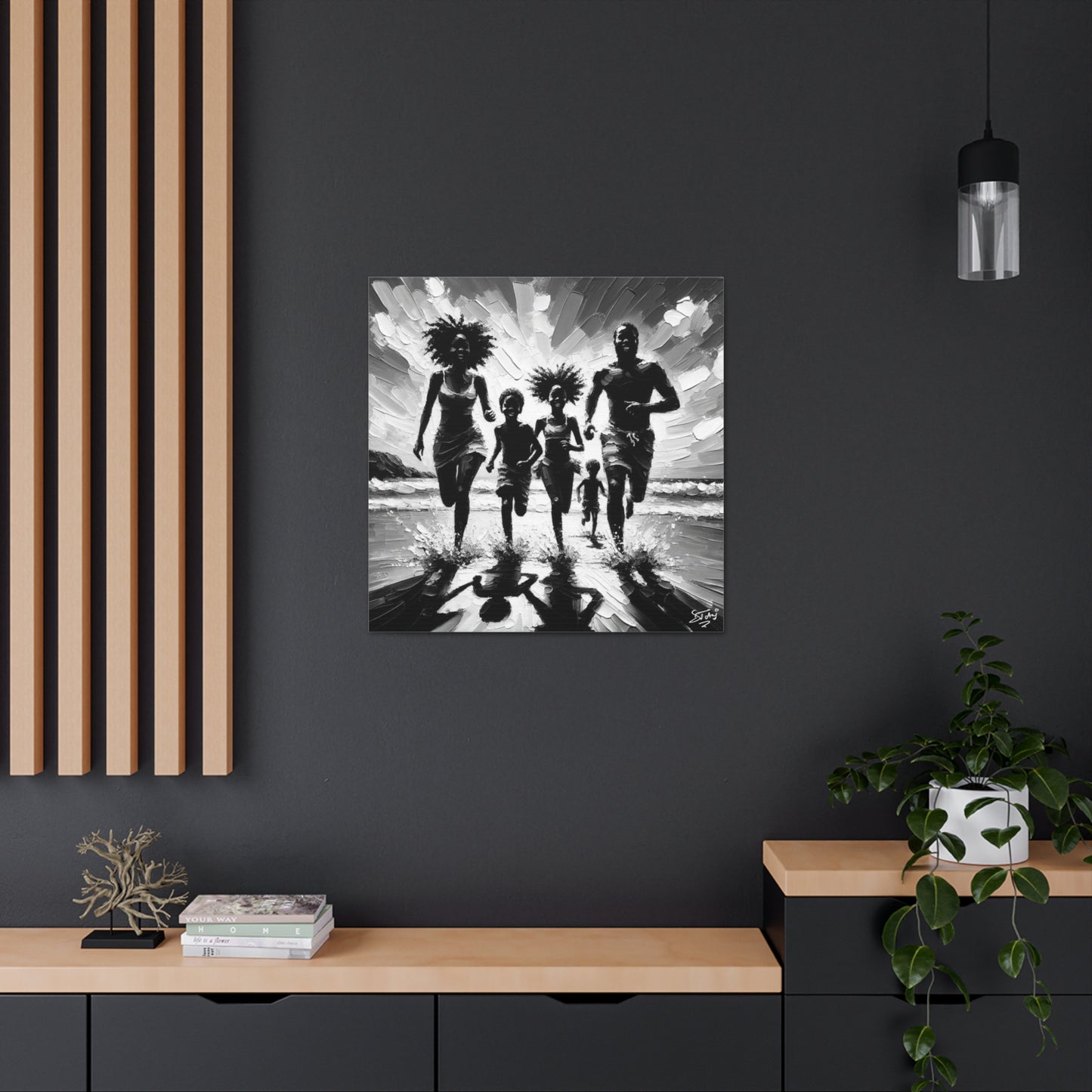 Art Print, Afro-Caribbean Family "Running on the Beach," Oil Finish, West Indian Ethnicity, Cultural, Heritage, Abstract, Canvas Gallery Wrap