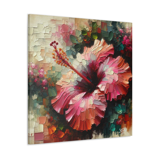 Oil Print#3 of a Pink Hibiscus Flower, Close-up View, Semi-abstract, Caribbean, Vibrant Vivid Colors, Canvas Gallery Wraps