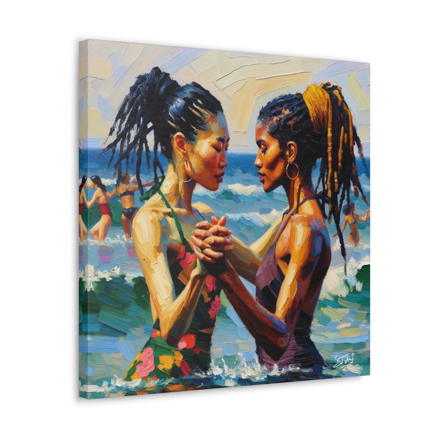 Art Print, Caribbean Couple, "In Our World" Semi-Abstract Oil Finish, West Indian Ethnicity, Cultural, Heritage, Canvas Gallery Wrap