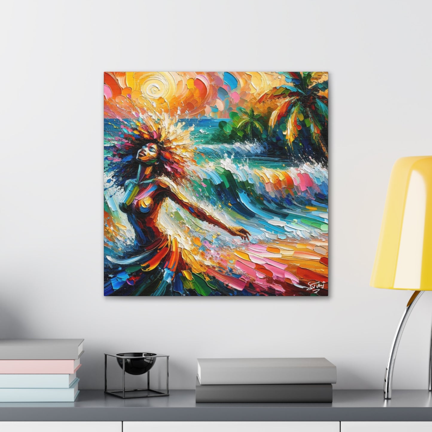 Art Print, Afro-Caribbean Woman, "Enjoying the Sunset" Abstract, Oil Finish, West Indian Ethnicity, Cultural, Heritage, Abstract, Canvas Gallery Wrap