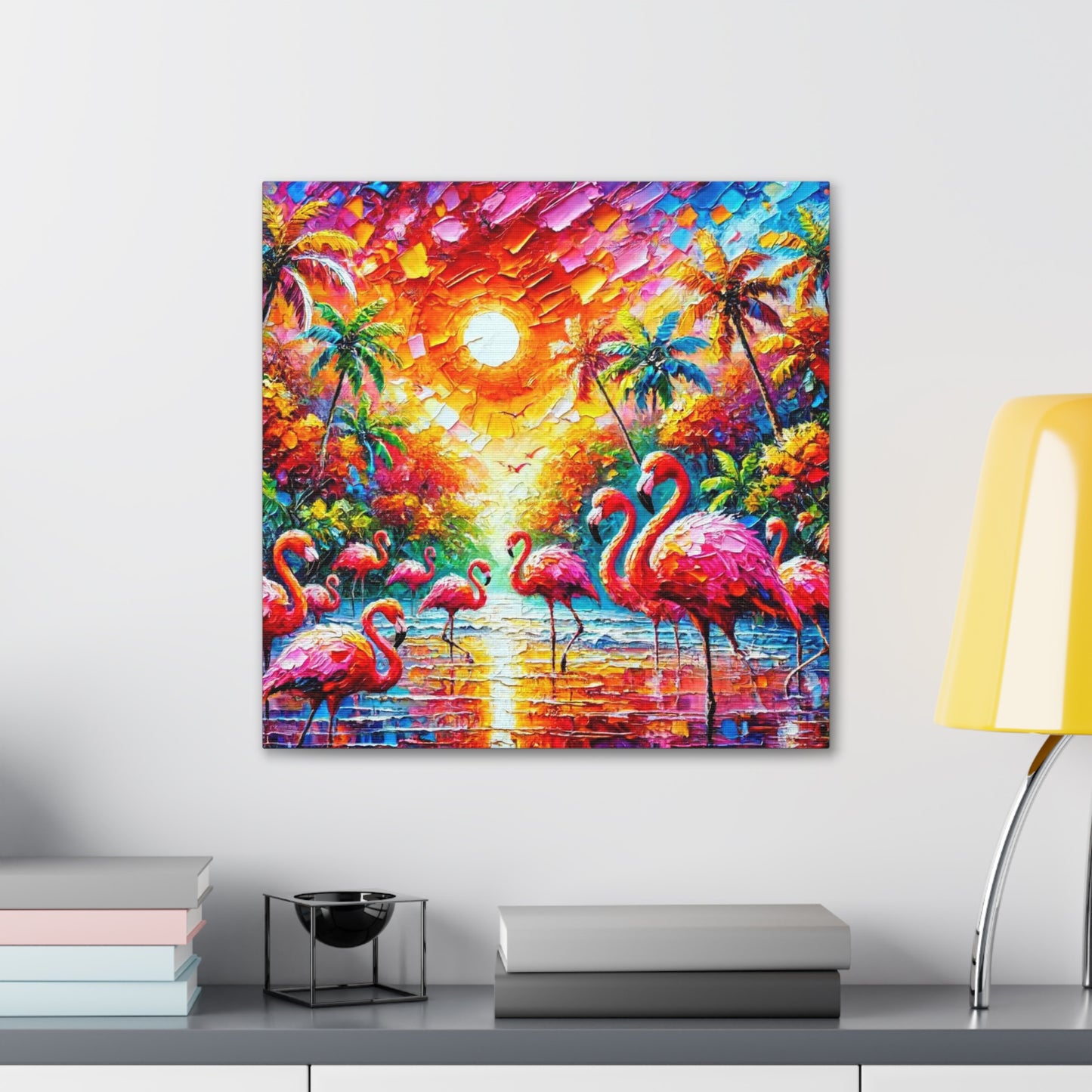 Art Print, Flamingos, Abstract Oil Finish, Trinidad & Tobago, Caribbean, West Indian Art, Canvas Gallery Wraps