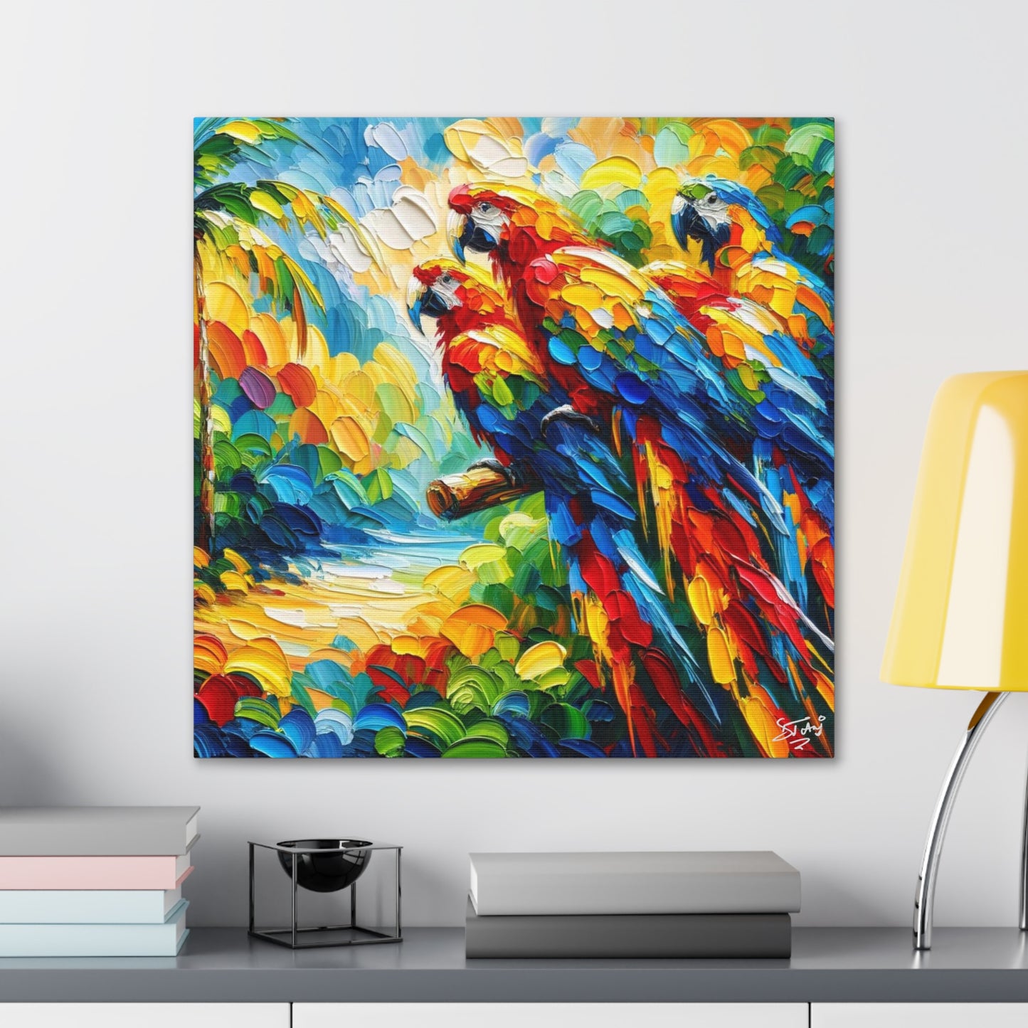 Art Print, The Parrots, Oil Finish, Caribbean Nature, Cultural, Heritage, Semi-Abstract, Canvas Gallery Wrap