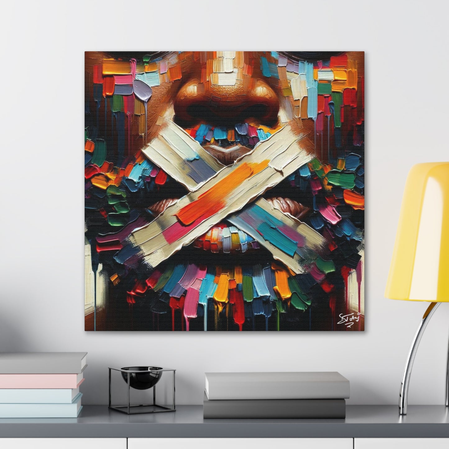 Art Print, Afro-Caribbean Man Silenced? Oil Finish, West Indian Ethnicity, Cultural, Heritage, Semi-Abstract, Canvas Gallery Wrap