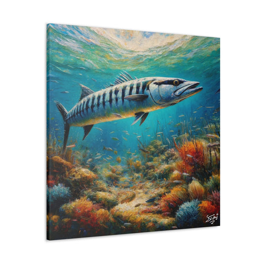 Art Print, Great Barracuda, Oil Finish, Caribbean Nature, Canvas Gallery Wrap