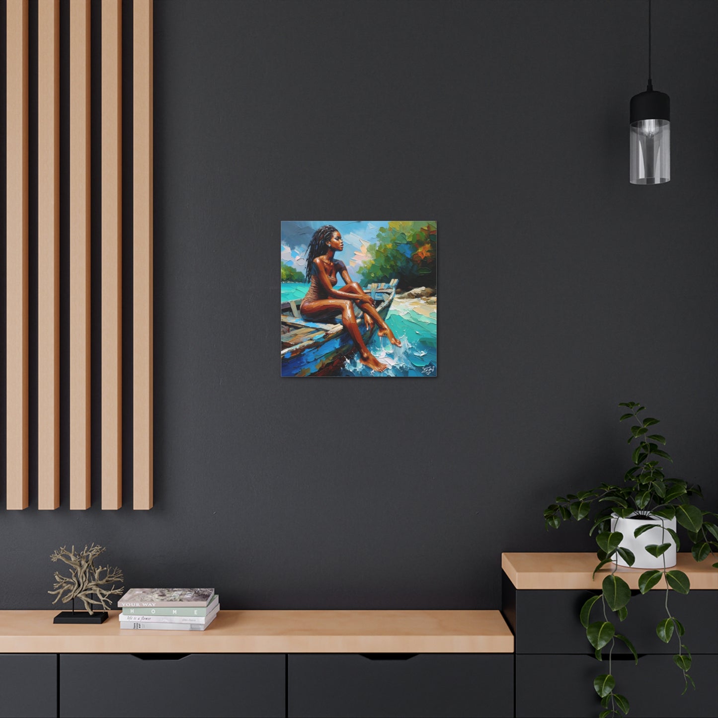 Art Print, Afro-Caribbean Woman "Chilling in the Boat (3)" Oil Finish, West Indian Ethnicity, Cultural, Heritage, Semi-Abstract, Canvas Gallery Wrap